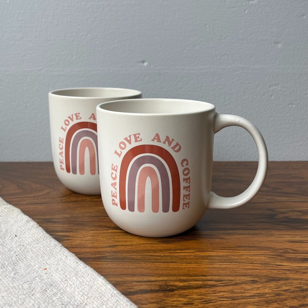 2 Stoneware Coffee Mugs Peace Love and Coffee Life at Home